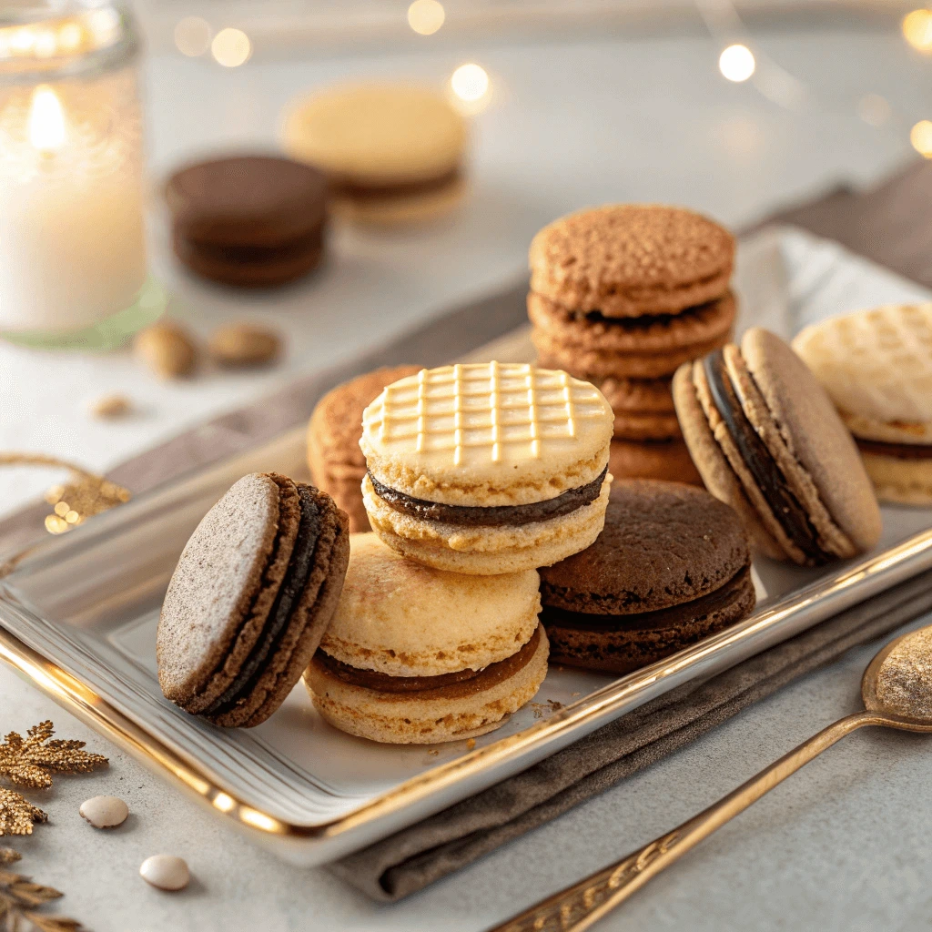 A variety of wafer cookies in vanilla, chocolate, and hazelnut flavors arranged neatly on a serving tray.