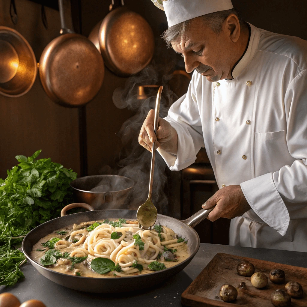 Italian chef stirring lumache pasta with mushroom and spinach sauce in a pan
