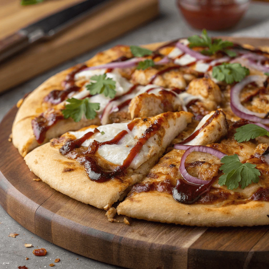 Sliced BBQ chicken pizza with red onions, drizzled with barbecue sauce.