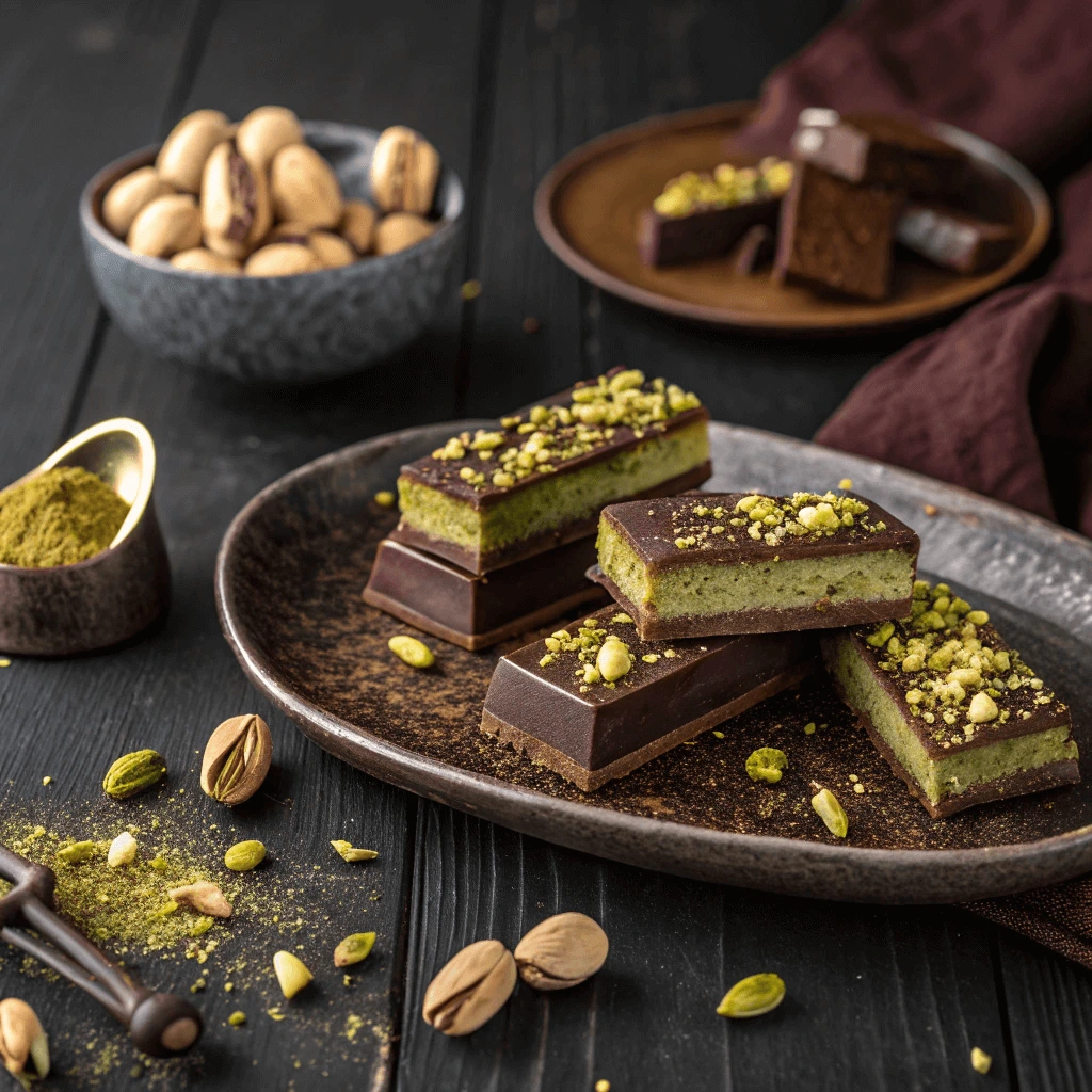 A beautifully arranged platter of pistachio chocolate bars with a gourmet touch, garnished with pistachio halves.