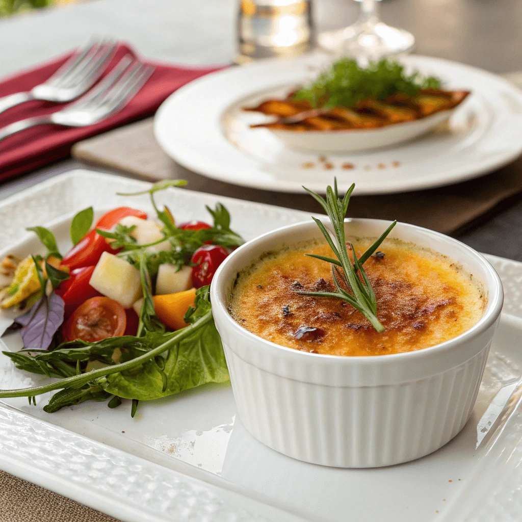 A beautifully plated crab brulee garnished with fresh herbs and served with a side of salad.