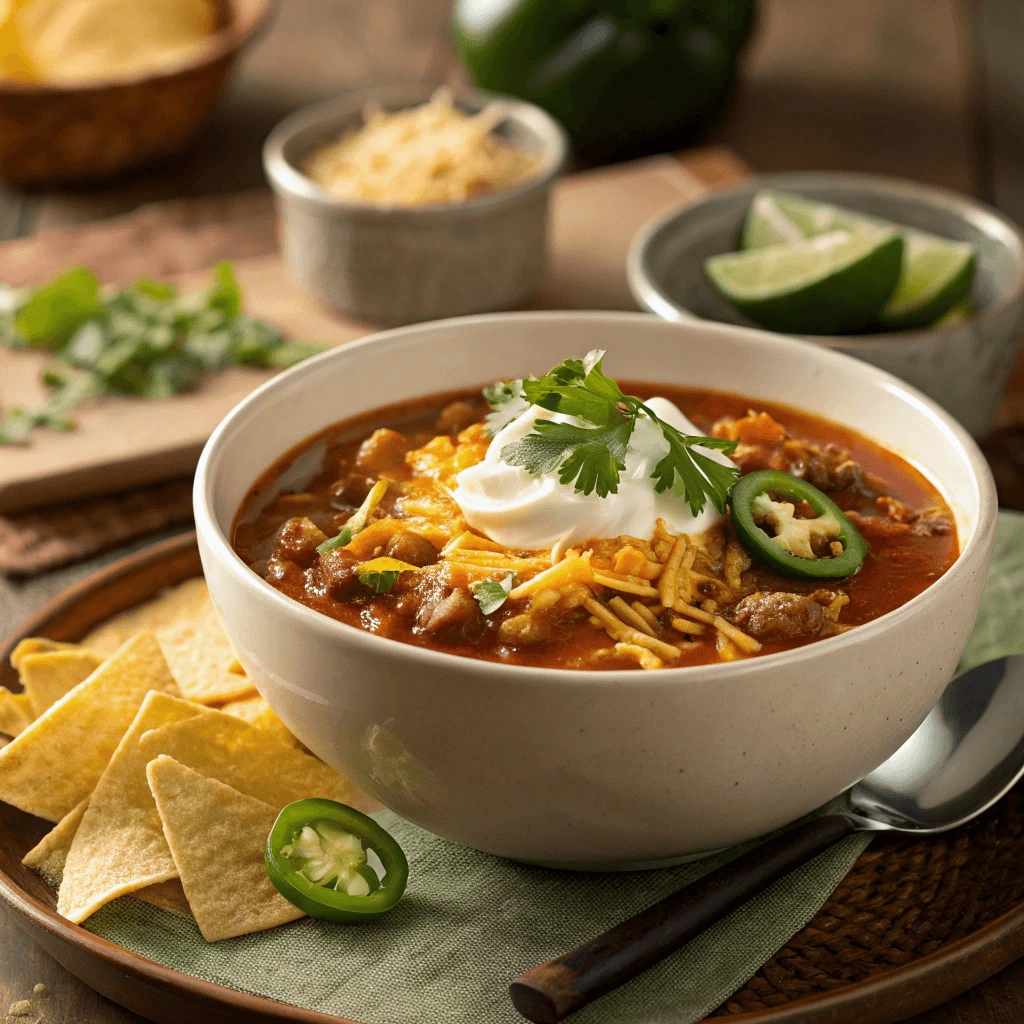 Taco Soup Frios served in a bowl with fresh toppings and a side of tortilla chips.