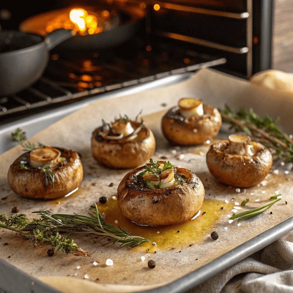 Button mushrooms roasting in the oven, golden and crisp, showing how roasting enhances their flavor."