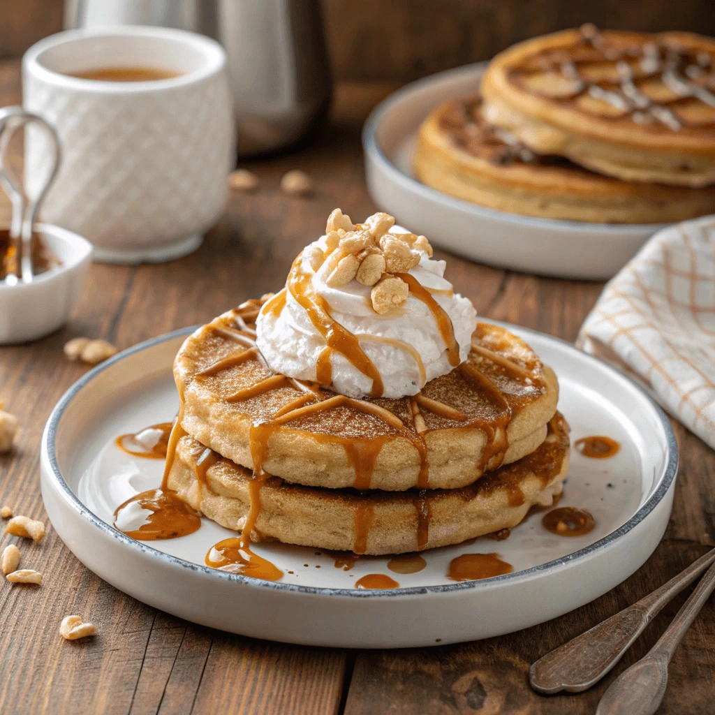 Package of Carmel Salt Pancakes or Waffle Mix with a stack of freshly made pancakes in the background