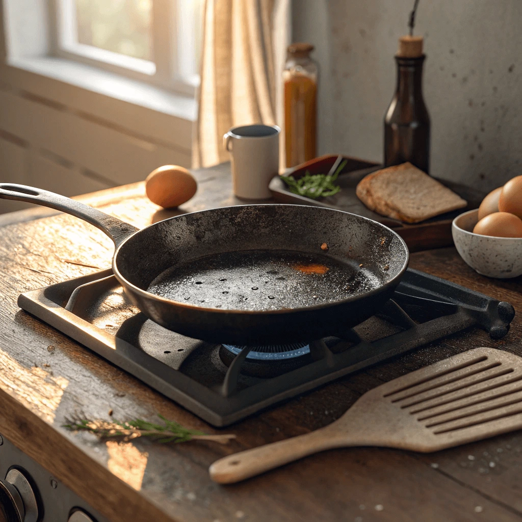 Cast iron crepe pan on a stovetop