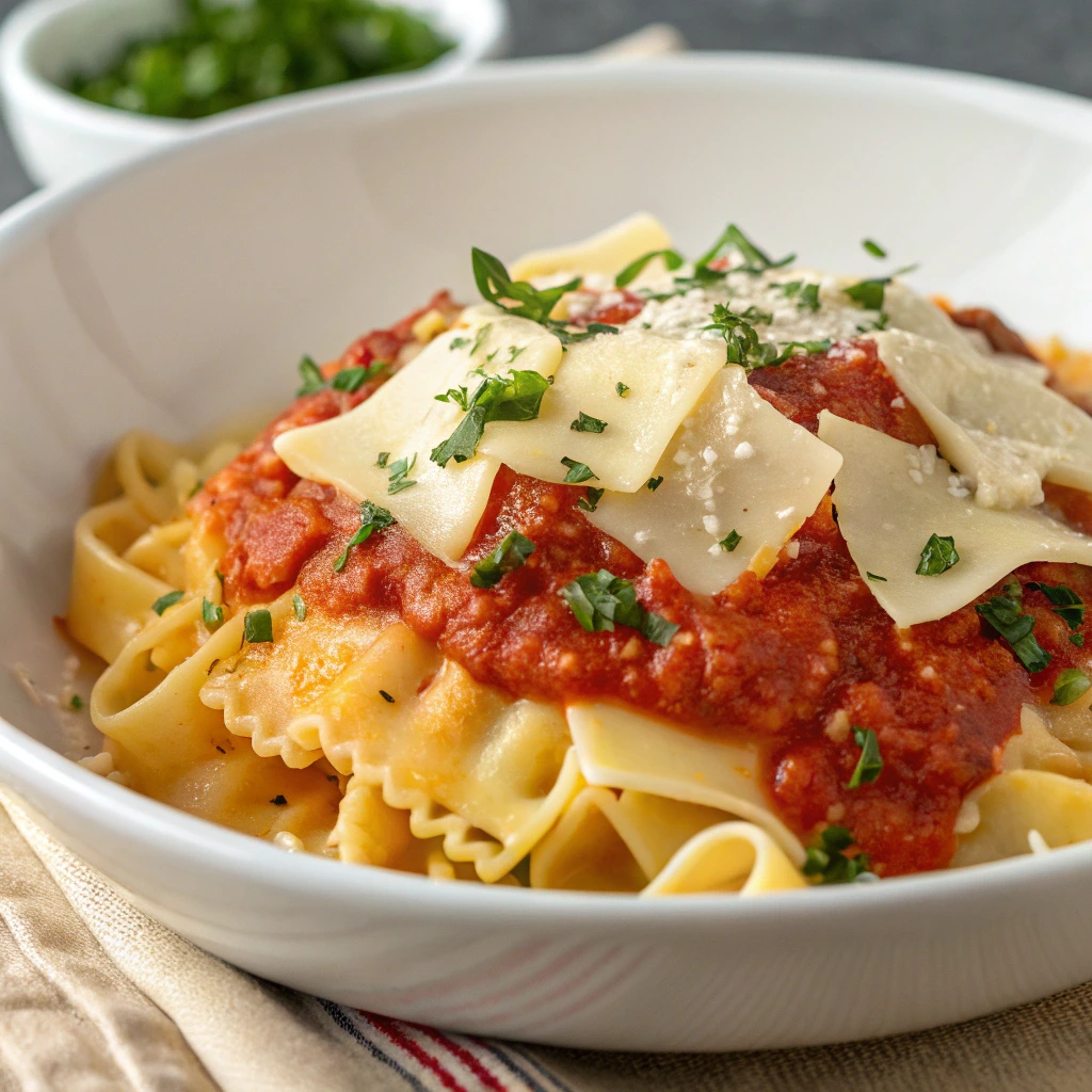 Mafaldine pasta paired with fresh vegetables and pesto