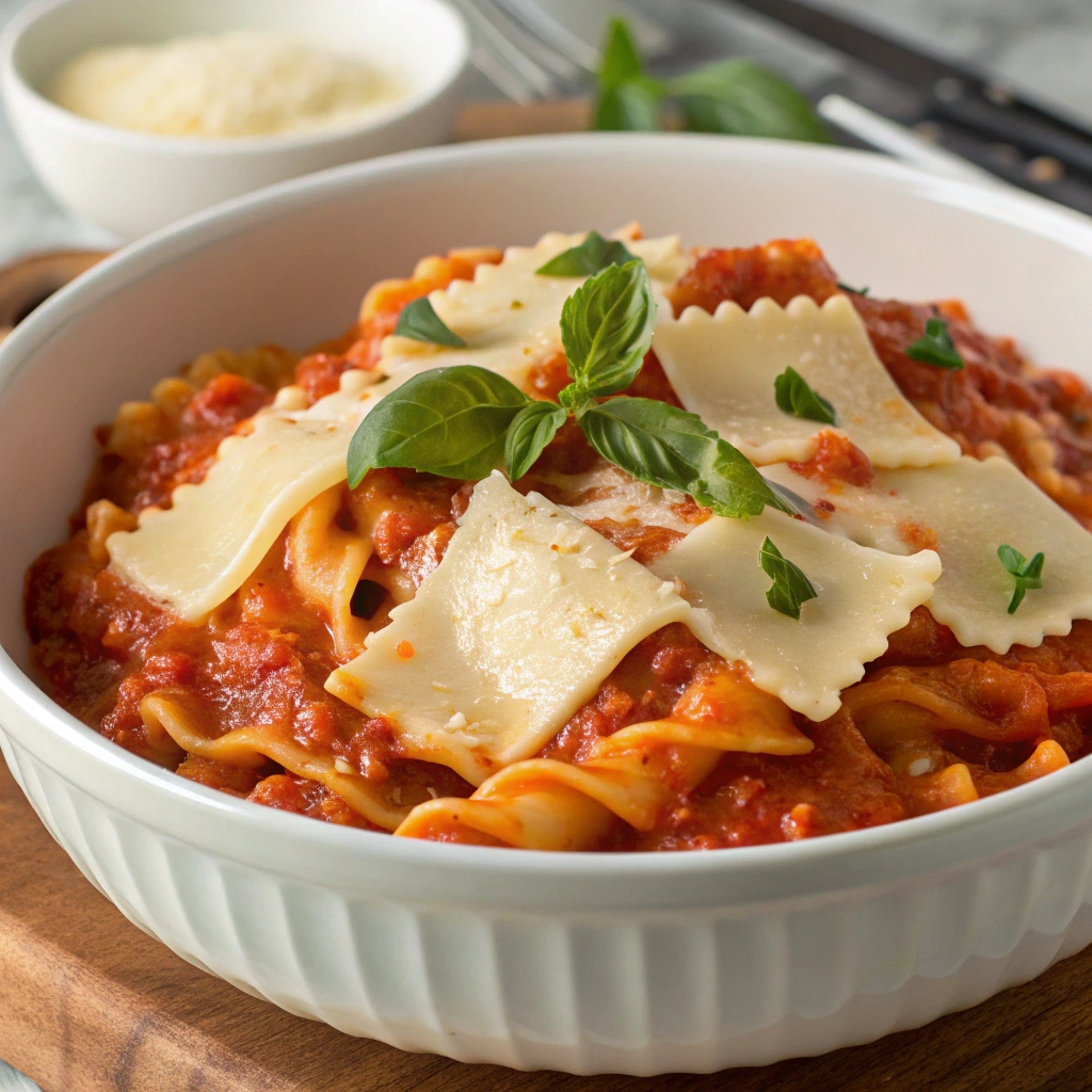 Mafaldine pasta with rich tomato sauce and fresh herbs