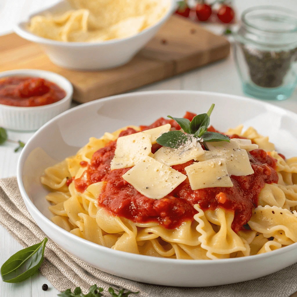 Mafaldine pasta with sausage and spicy red sauce