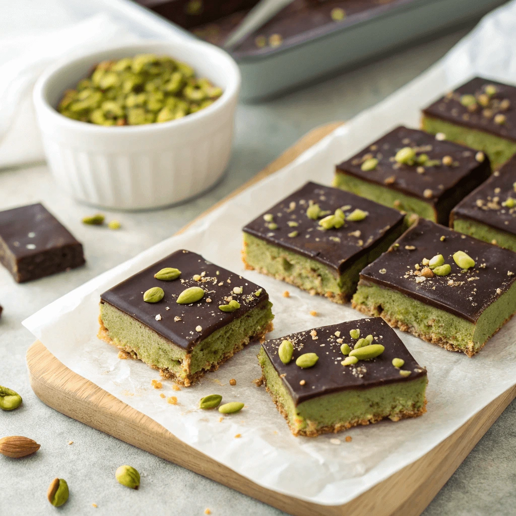 Chilled homemade pistachio chocolate bars cut into perfect squares