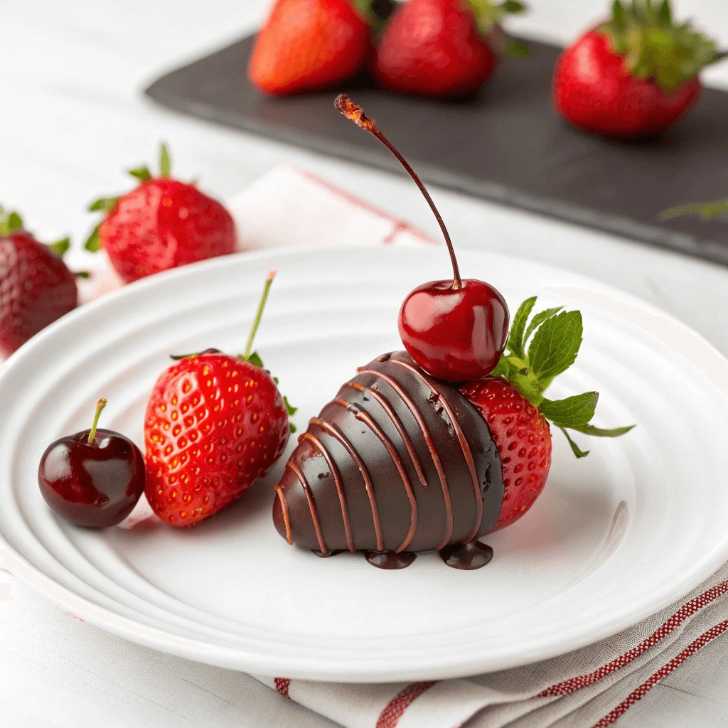 Freshly made strawberry bon bons with a glossy chocolate coating.