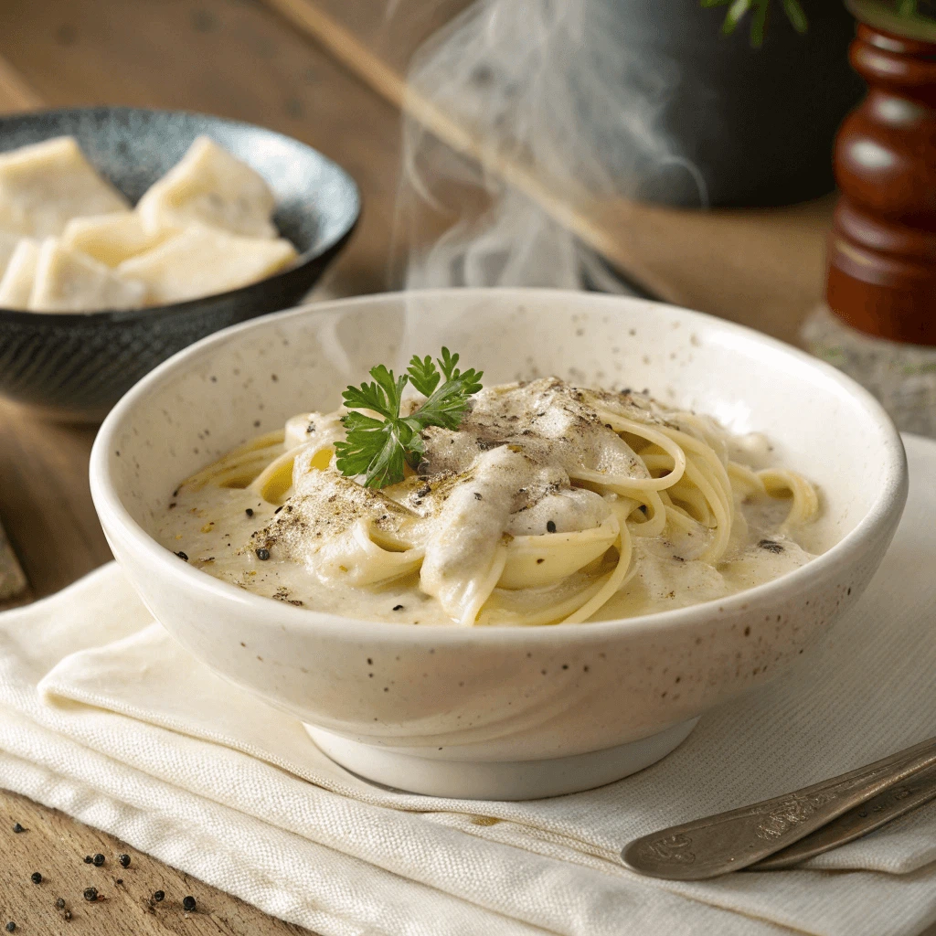 Creamy Alfredo sauce coating lumache pasta in a white bowl.