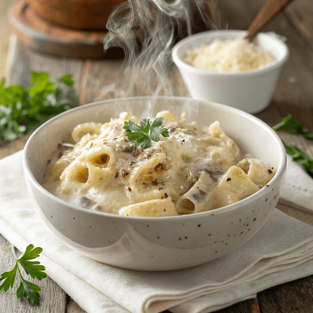 Creamy Alfredo sauce coating lumache pasta with parsley garnish