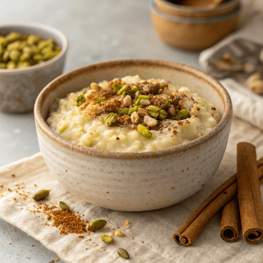 A bowl of sweet cardamom rice pudding, served warm as a comforting dessert.