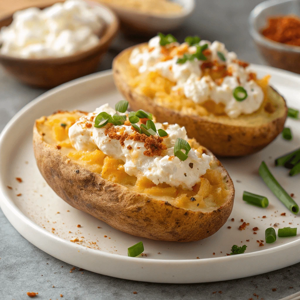 Air fryer baked potato skins stuffed with cottage cheese topped with fresh herbs