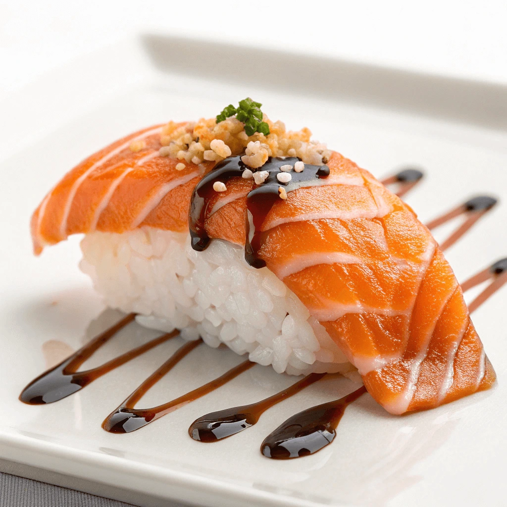 Delicious salmon nigiri served with wasabi and soy sauce