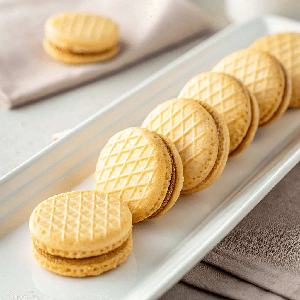 A variety of flavored wafer cookies with creamy fillings displayed on a tray