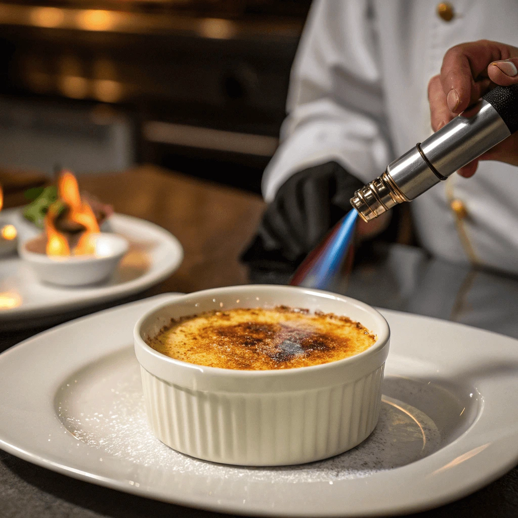 Chef preparing crab brulee in the kitchen with a kitchen torch for caramelization.