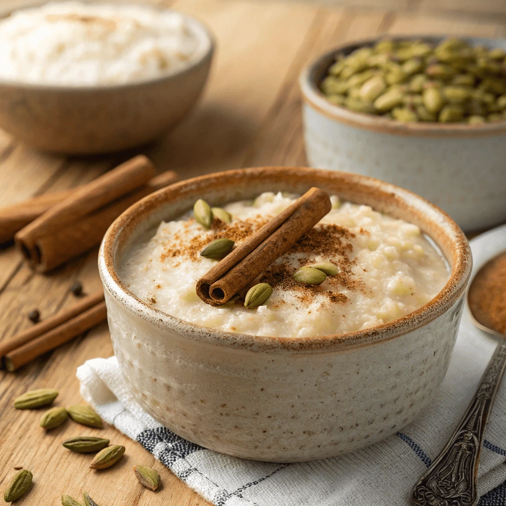 Close-up of a creamy bowl of cardamom rice pudding topped with cinnamon sticks and cardamom pods.