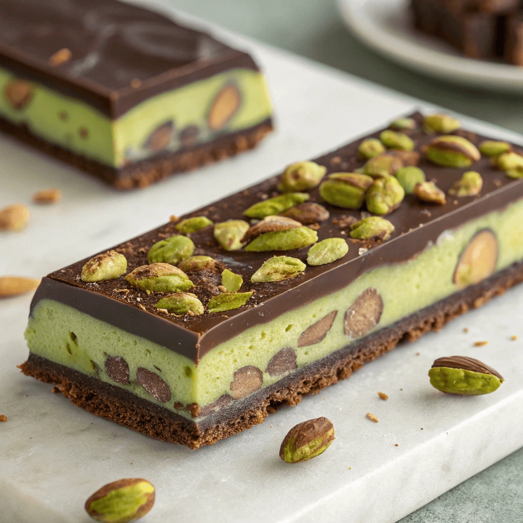 A stack of pistachio chocolate bars with a few broken pieces, revealing the rich chocolate and pistachio filling inside.