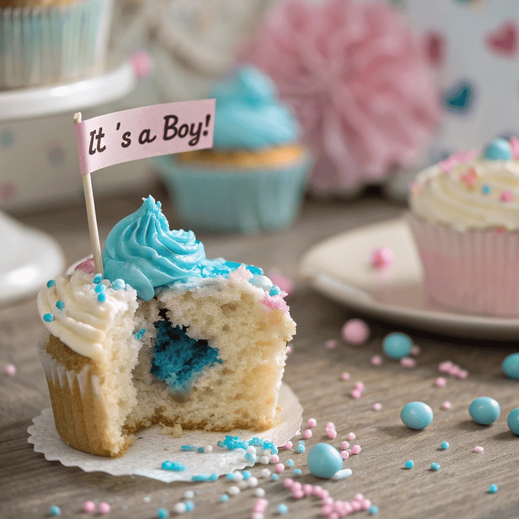 Close-up of a bite-sized gender reveal cupcake with blue filling