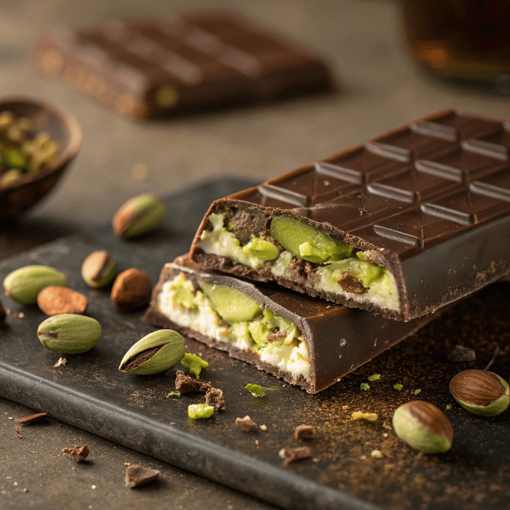 A slice of pistachio chocolate bar with a few pistachios beside it, showing the rich layers inside.
