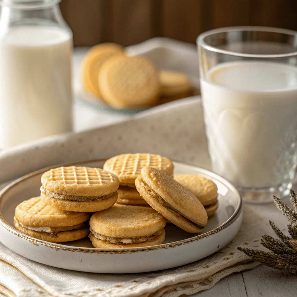 Close-up of a plate filled with vanilla wafer cookies recipes and a glass of milk
