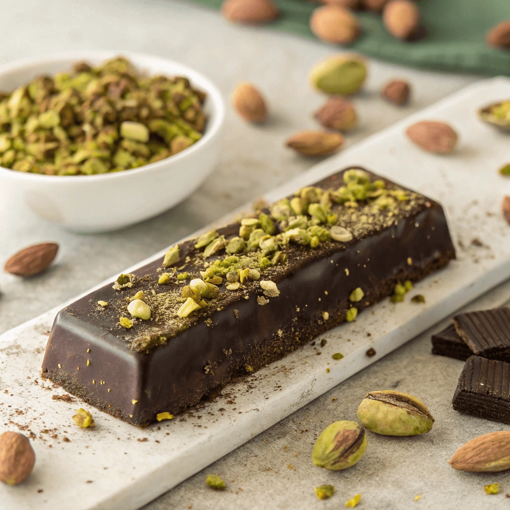 A close-up of a pistachio chocolate bar with pieces of crushed pistachios on top.