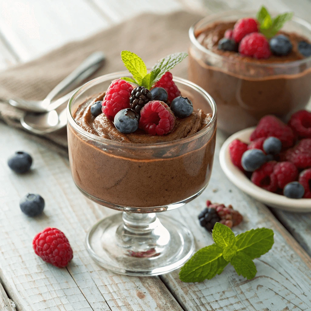 Close-up of a rich, sugar free chocolate mousse topped with fresh berries and mint leaves.