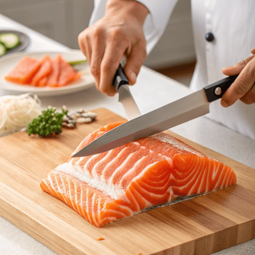 Fresh sushi grade salmon on a cutting board ready for preparation at home