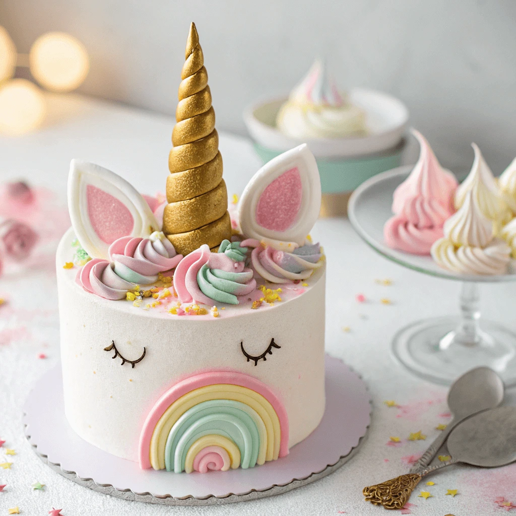Diy Unicorn cake horn and ears made from fondant.