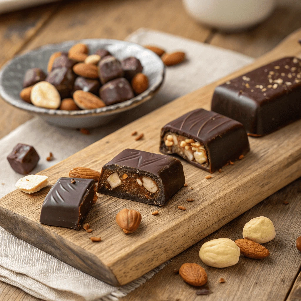 Close-up of assorted sugar free chocolate bars with nuts and natural sweeteners on a wooden board