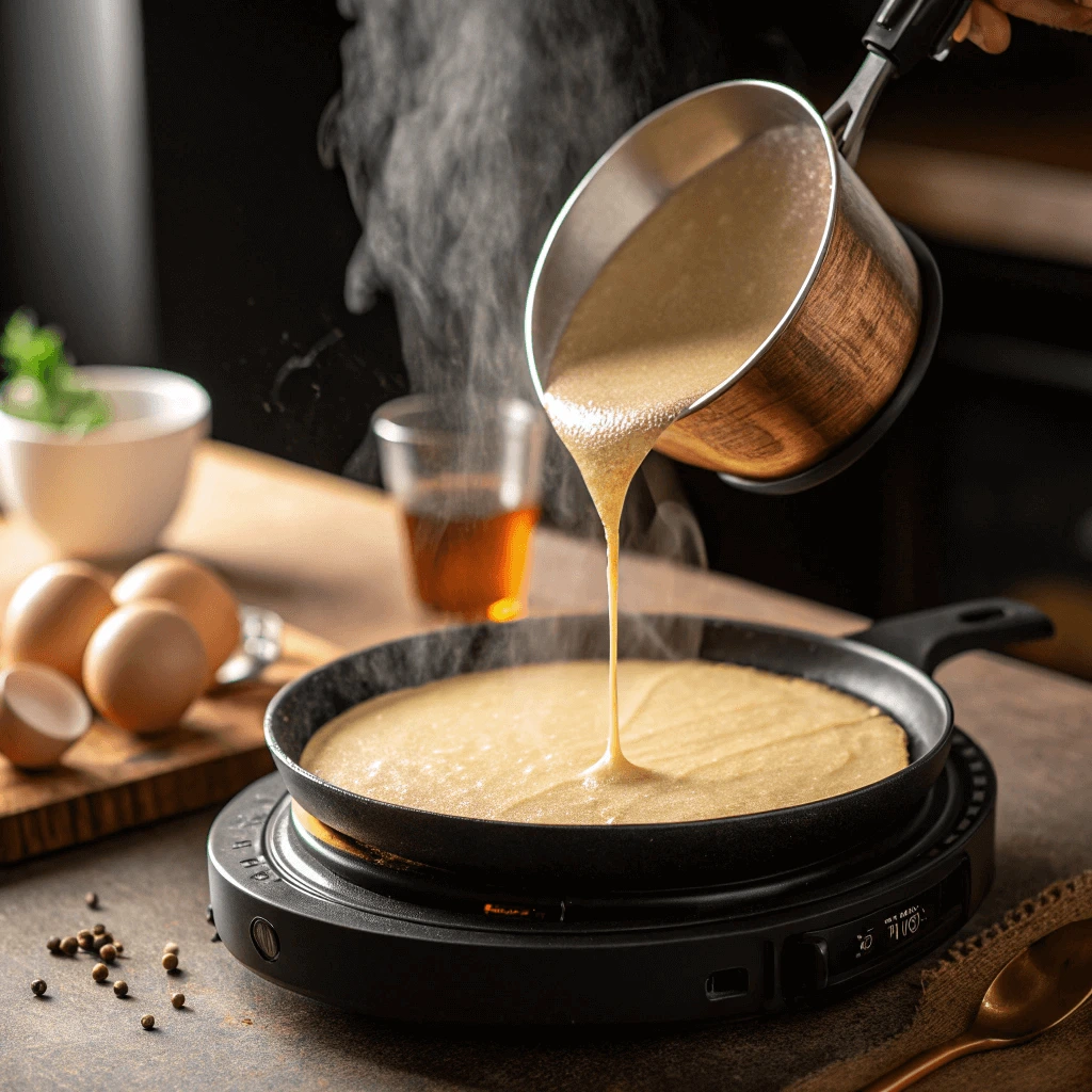Pouring crepe batter onto a hot perfect crepe pan