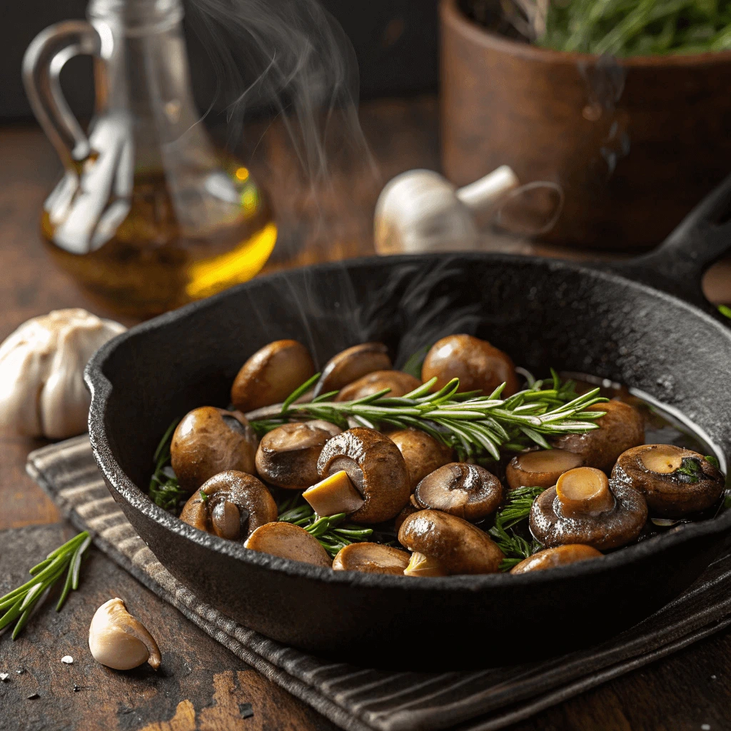 Sautéing button mushrooms in a skillet with fresh herbs.