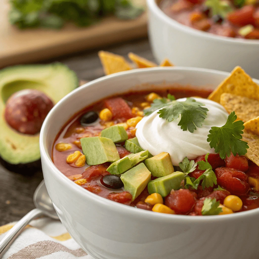 Close-up of Taco Soup Frios with creamy sour cream, avocado, and tortilla chips.