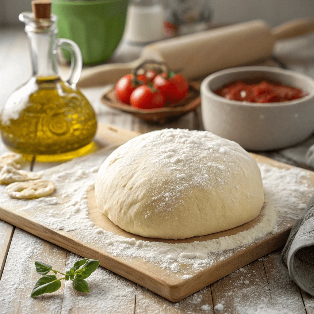 A close-up of freshly rolled 10-inch pizza dough on a wooden surface.
