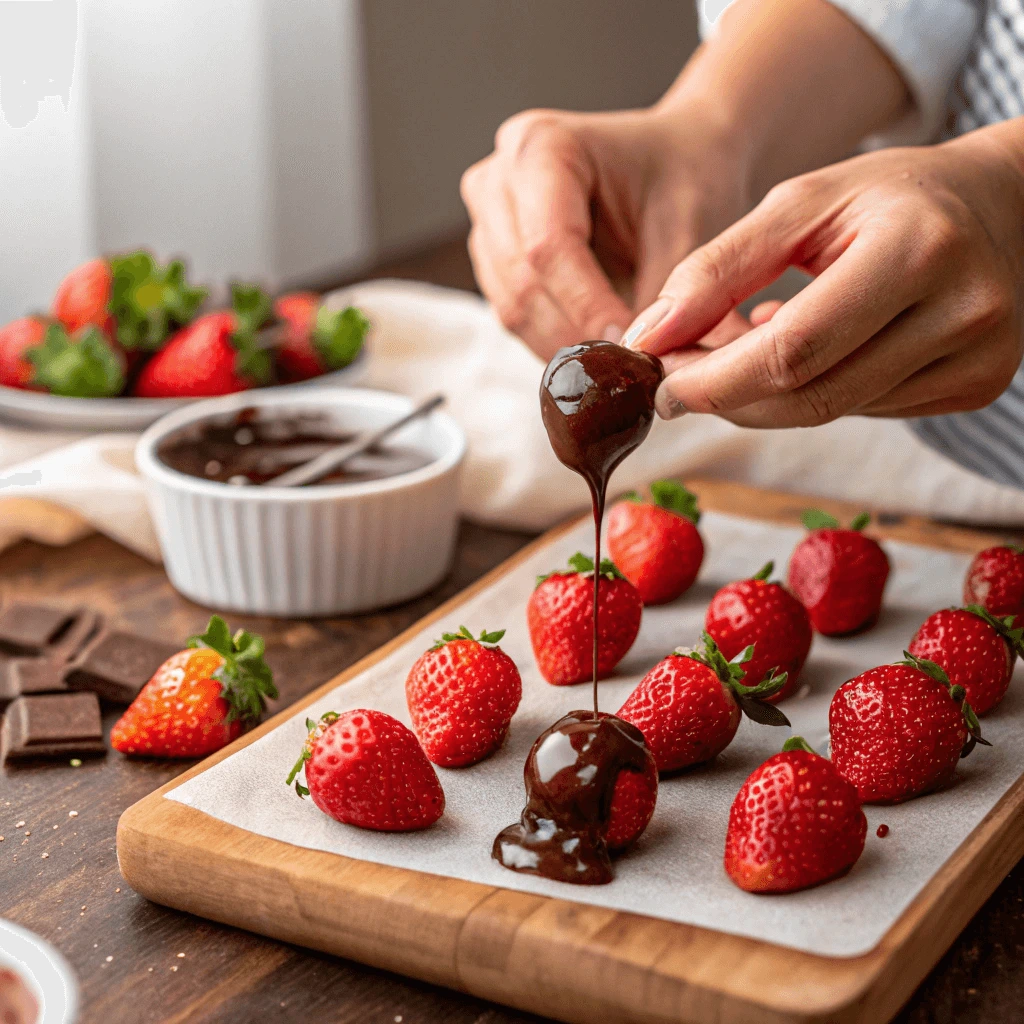 Fresh strawberries being dipped in chocolate for bon bons