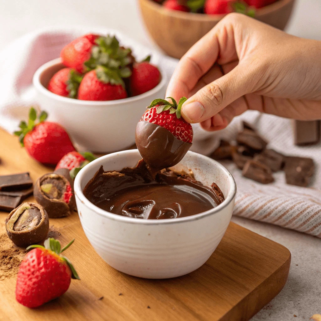 Dipping strawberry bon bon filling into melted chocolate for a perfect coat.