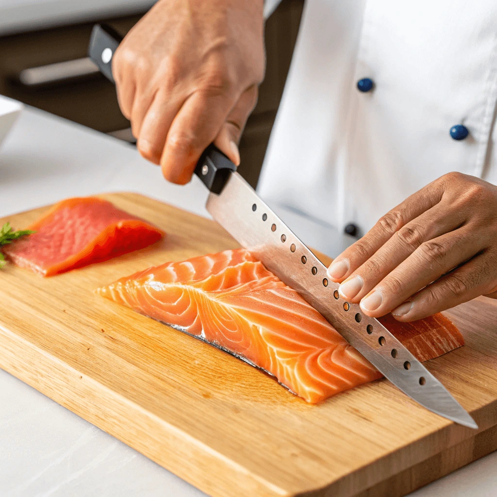 A beginner slicing sushi-grade salmon using the proper knife technique.
