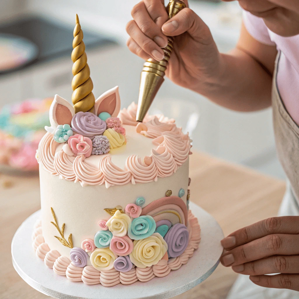 Decorating a DIY unicorn cake with piping techniques.
