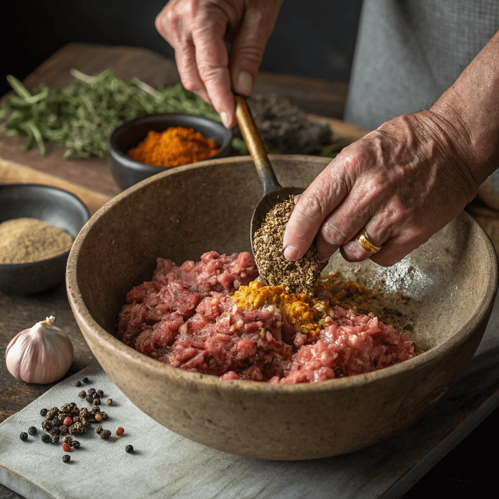 Hands blending ground meat with spices and curing salt in a mixing bowl.