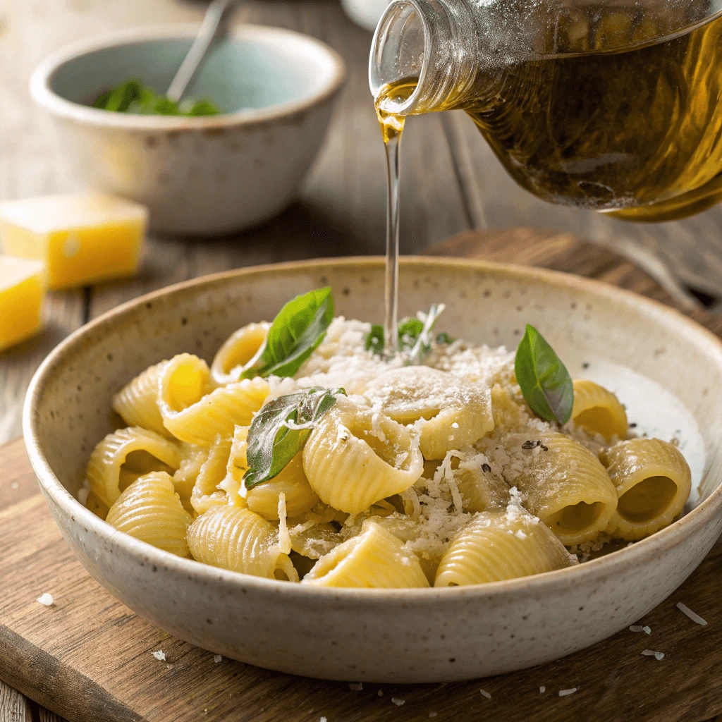 Plate of lumache pasta garnished with olive oil drizzle, grated Parmesan, and fresh basil leaves