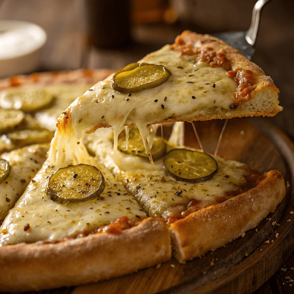 Close-up of a freshly baked pickle pie pizza with pickles and cheese.