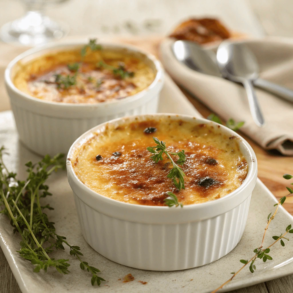 Close-up shot of crab brulee in ramekins with a perfectly caramelized top.