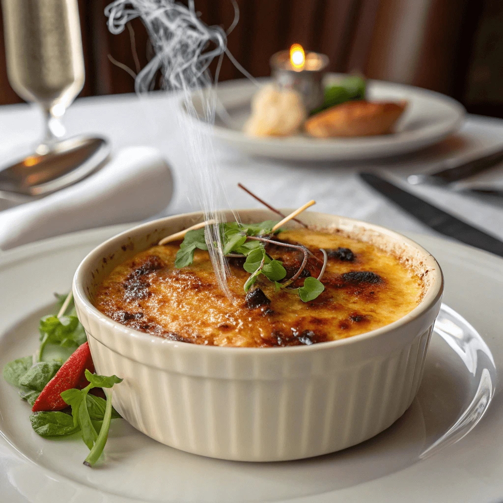 Close-up of a golden brulee crust on crab brulee in a ramekin.