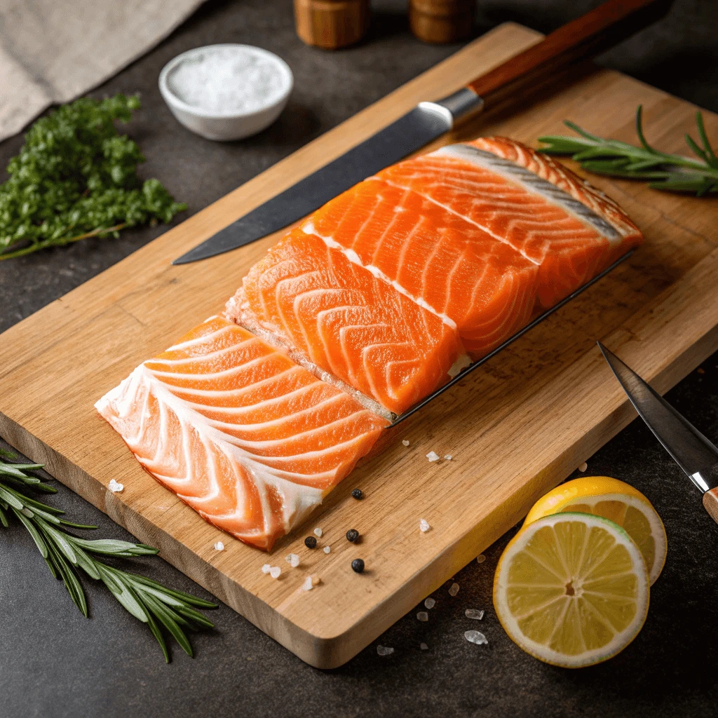 Knife slicing sushi grade salmon for sashimi preparation