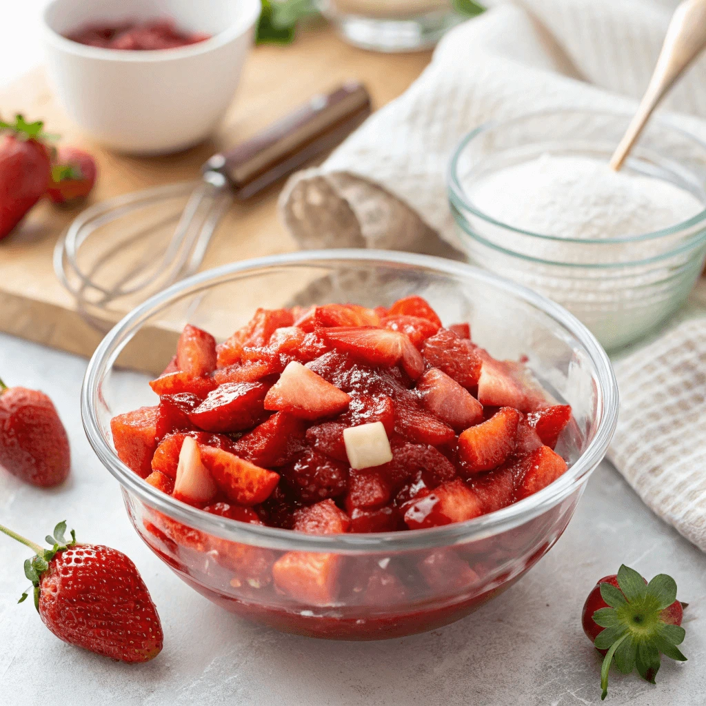 Mixing fresh strawberries with sweeteners for the strawberry bon bon filling.