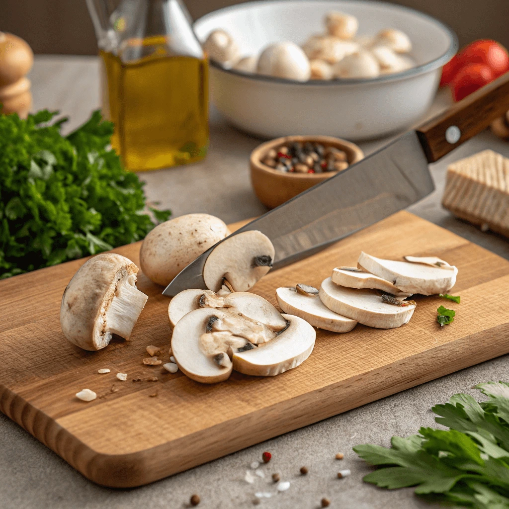 Close-up of button mushrooms being sliced with a sharp knife, showcasing a cooking hack for meal prep
