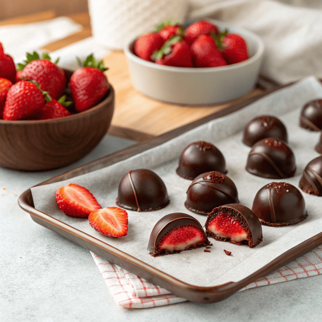 A close-up shot of freshly made strawberry bon bons coated in glossy chocolate