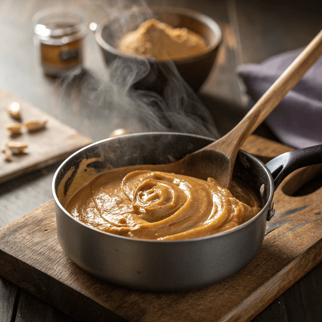 Butter and peanut butter melting together in a saucepan.
