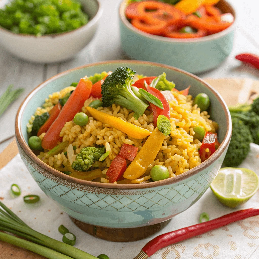 Colorful rice bowl filled with garlic fried rice and fresh vegetables.